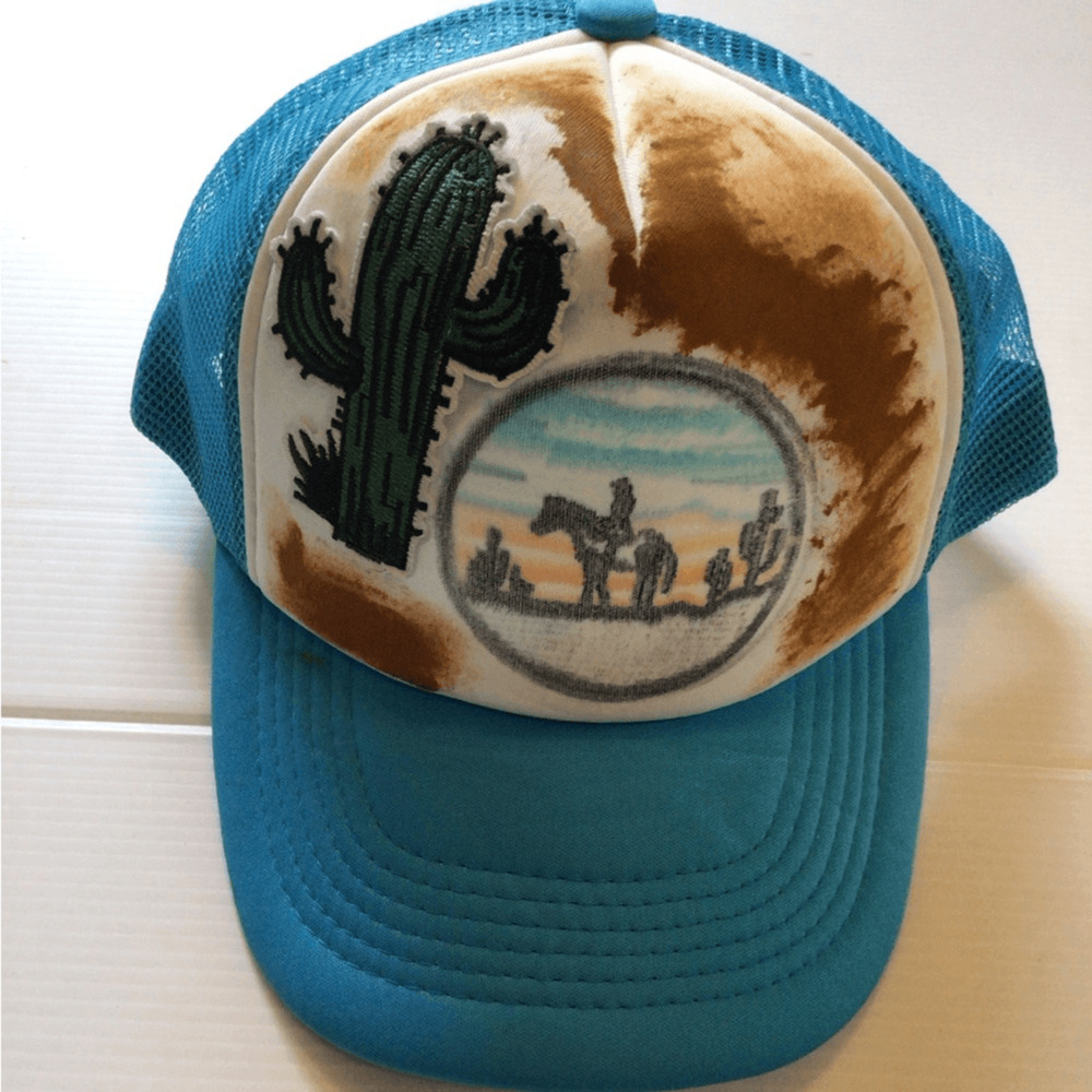 NEW! upcycled by Ruxpinsrags Blue and Brown Trucker Hat with Cactus Design